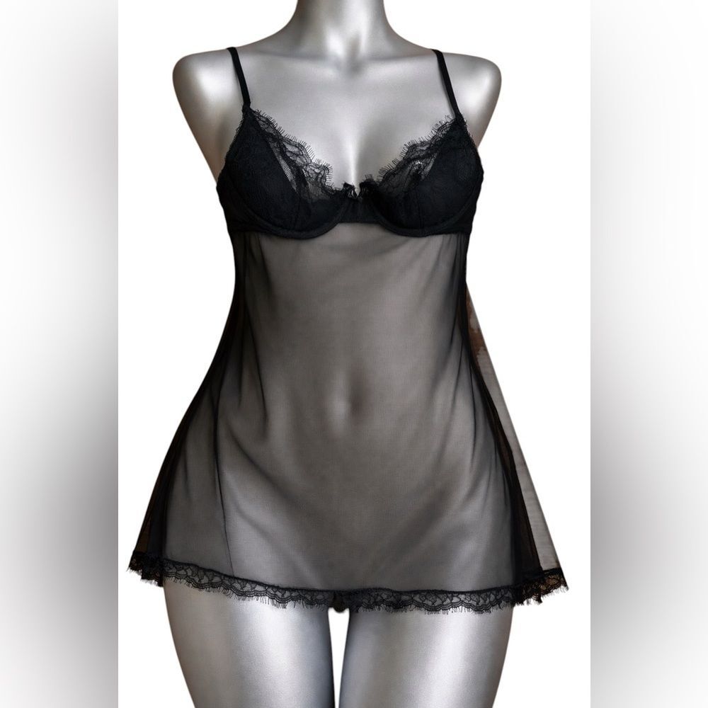 VTG Victoria’s Secret Black  Mesh Lace Babydoll Slip Lingerie Nightgown Sexy 34B